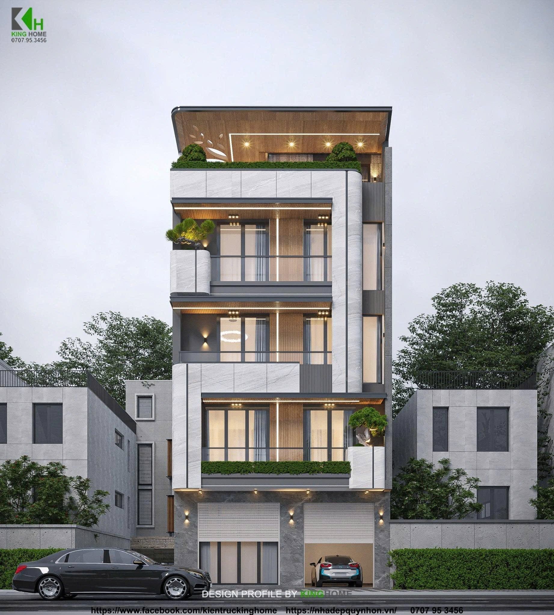 Thiết kế villa 5 tầng mặt tiền đẹp với vật liệu đá và lam gỗ sang trọng