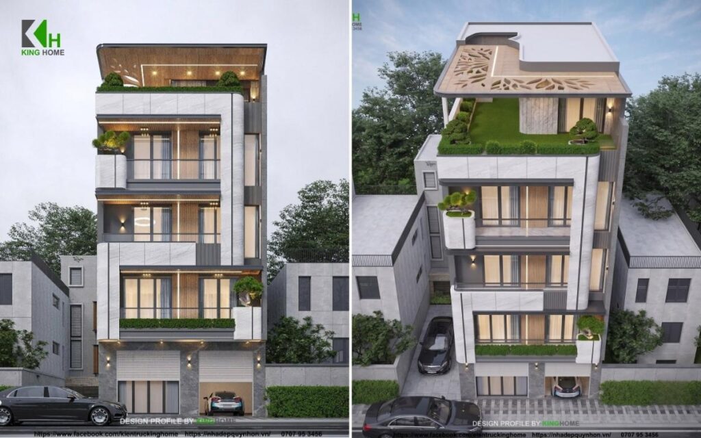 Thiết kế villa 5 tầng mặt tiền đẹp với vật liệu đá và lam gỗ sang trọng