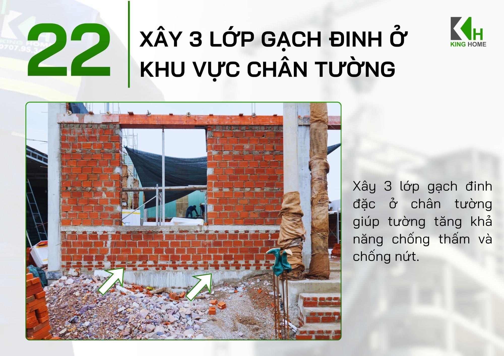 Xây 3 lớp gạch đinh tại khu vực chân tường