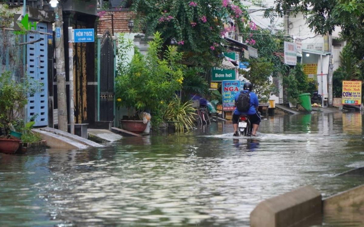 Có thể kết hợp nhiều giải pháp như cải thiện thoát nước sân, bố trí rãnh thu nước, nâng ngưỡng cửa hợp lý, sử dụng cửa chống tràn và thiết kế độ dốc sân phù hợp