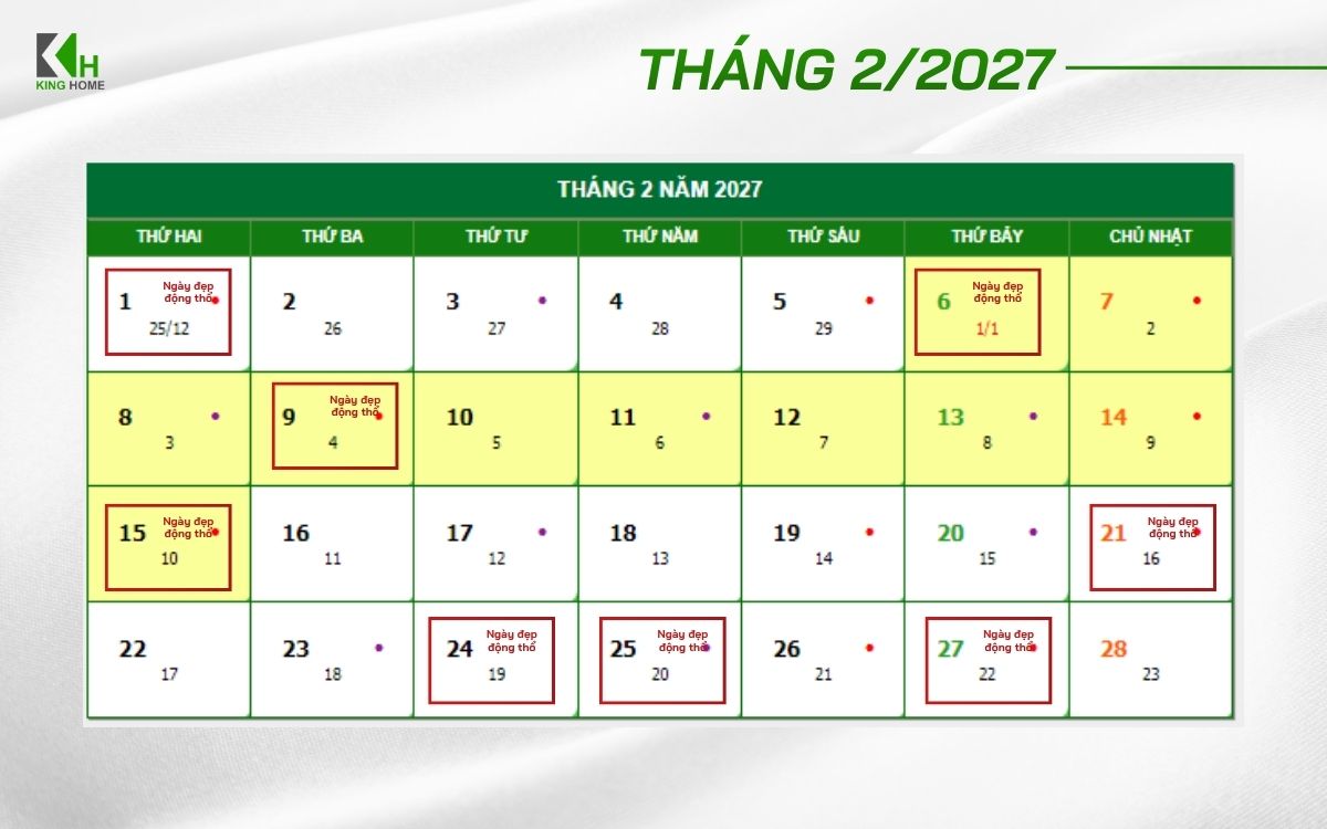 Danh sách 8 ngày tốt động thổ tháng 2 năm 2027 theo phong thủy 