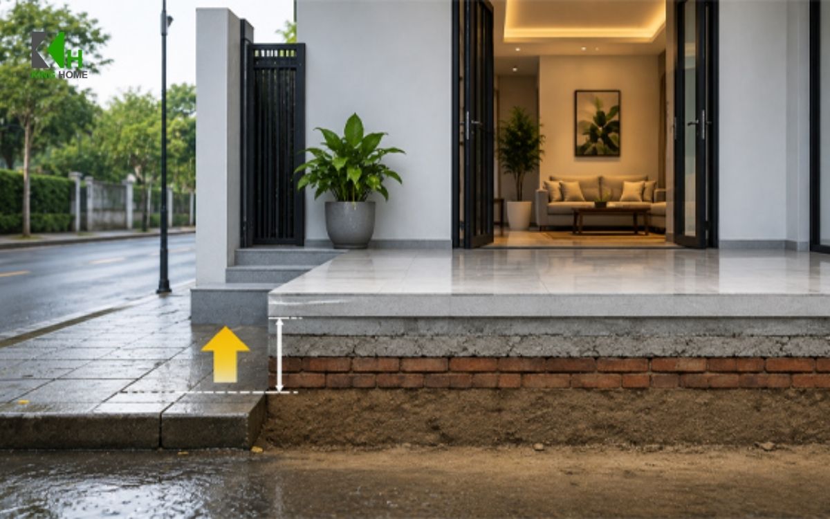 Nhiều gia chủ xây nền nhà cao hơn mặt đường để chống ngập và nâng cao thẩm mỹ, nhưng cần tính toán kỹ để tránh phát sinh bất tiện trong quá trình sử dụng.