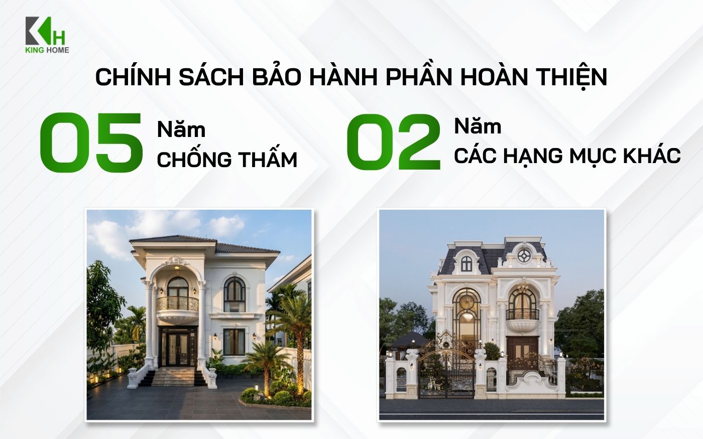 đối với dịch vụ thi công hoàn thiện nhà phố, King Home cam kết bảo hành và cung cấp thư bảo hành cho các hạng mục