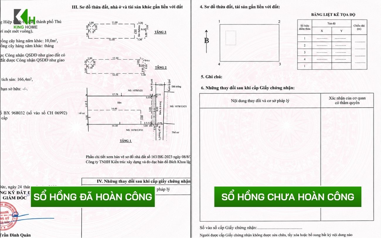 "Sổ hồng hoàn công” để chỉ giấy chứng nhận đã ghi nhận cả quyền sử dụng đất và quyền sở hữu nhà ở trên đất.