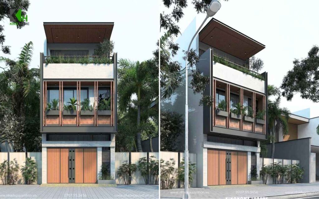 Nhà ống 3 tầng với mặt tiền được tạo nên từ nhịp điệu của ánh sáng