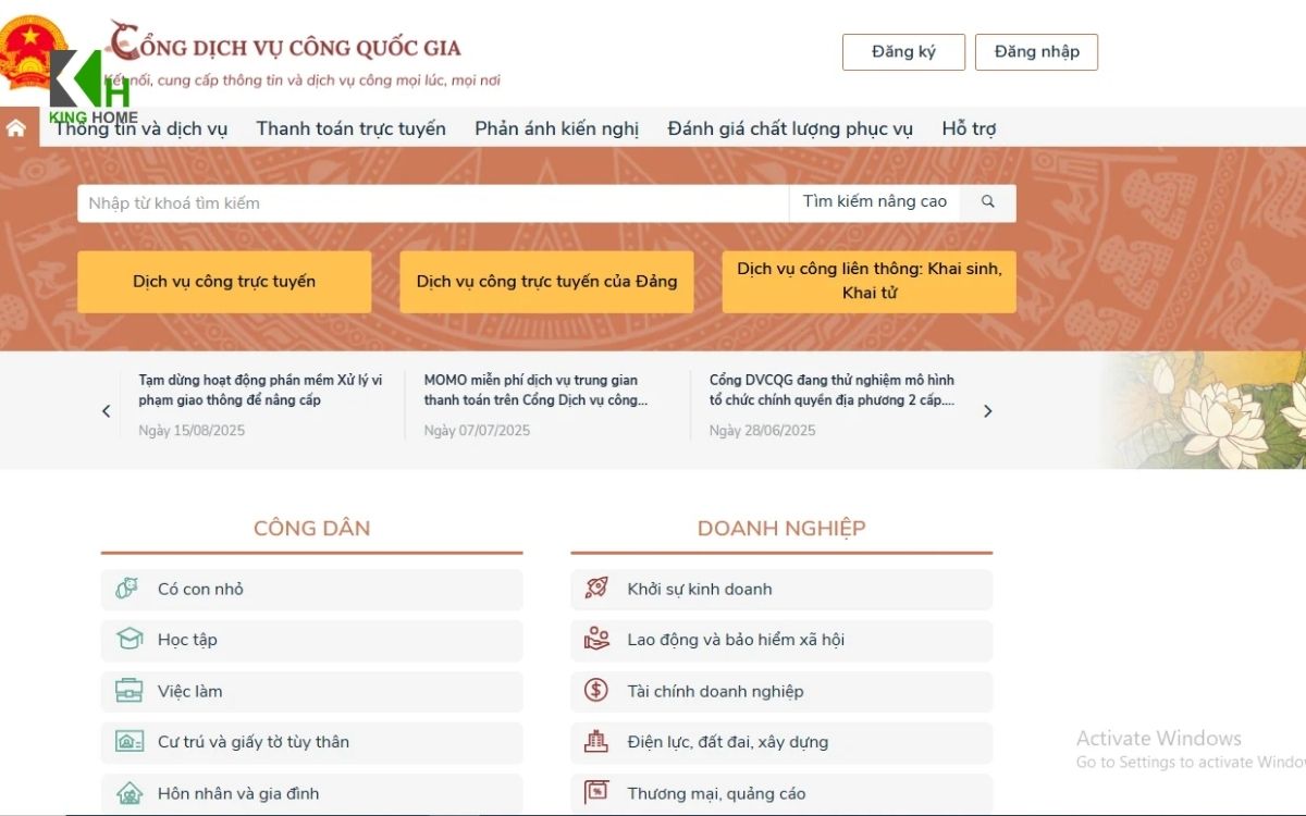 ông dân truy cập Cổng dịch vụ công quốc gia tại https://dichvucong.gov.vn/.