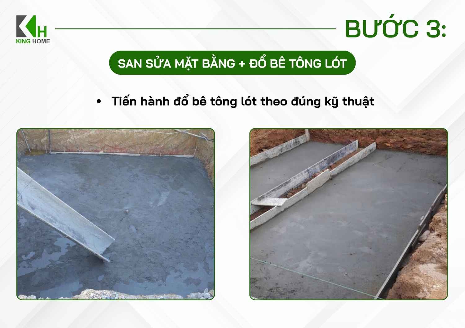 Tiến hành đổ bê tông lót theo đúng chiều dày và cao độ thiết kế, đảm bảo bề mặt tương đối phẳng, sạch và ổn định để phục vụ công tác lắp đặt cốt thép móng.