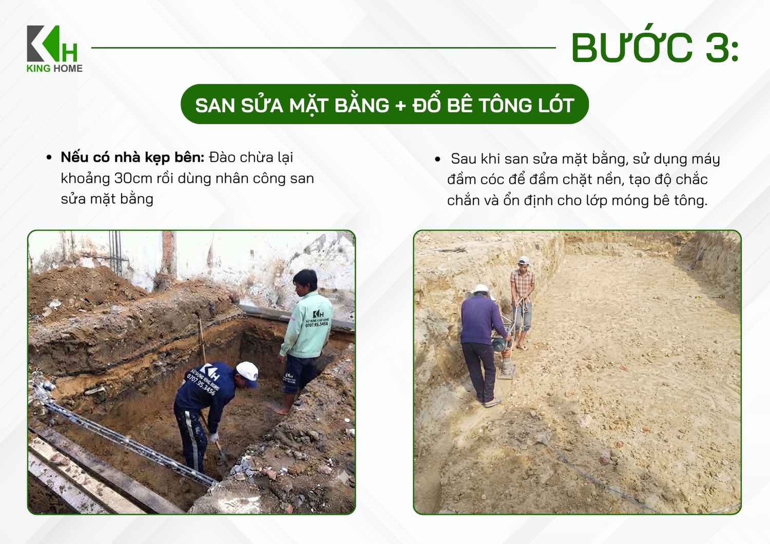 San sửa, làm phẳng bề mặt đáy móng, loại bỏ đất yếu hoặc vật liệu không phù hợp