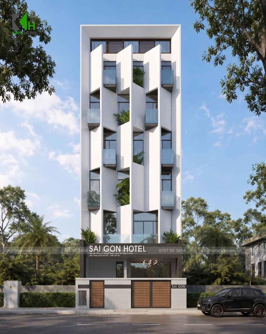 King Home thiết kế khách sạn Nhơn Lý hướng Tây với giải pháp hạn chế nắng trực tiếp.