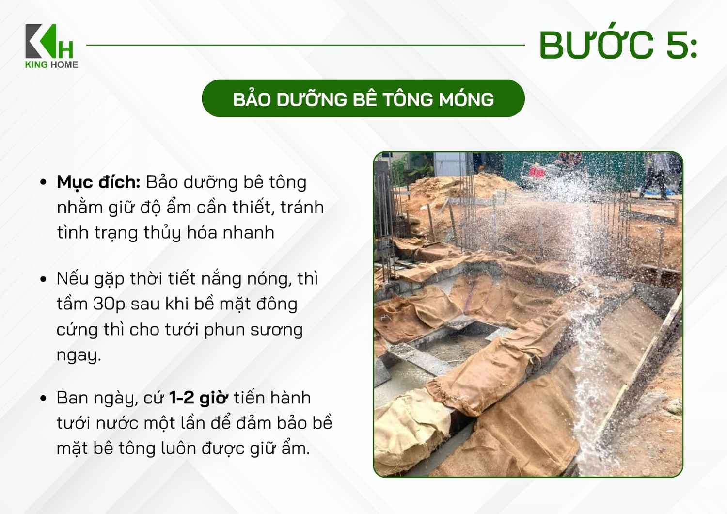 Bảo dưỡng bê tông móng là công đoạn quan trọng nhằm duy trì độ ẩm cần thiết, hỗ trợ quá trình thủy hóa và giúp bê tông phát triển cường độ theo yêu cầu thiết kế.