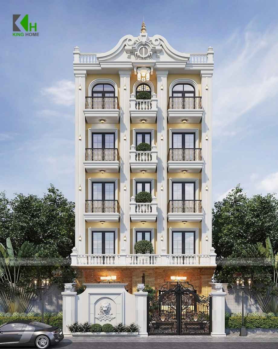 Mẫu khách sạn Nhơn Lý tân cổ điển được King Home thiết kế với mặt tiền cân đối, sang trọng.