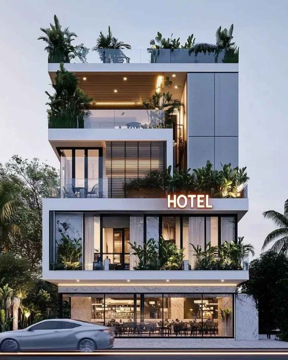 Mẫu khách sạn Nhơn Lý mặt tiền 10m do King Home thiết kế tạo cảm giác bề thế ngay từ bên ngoài.