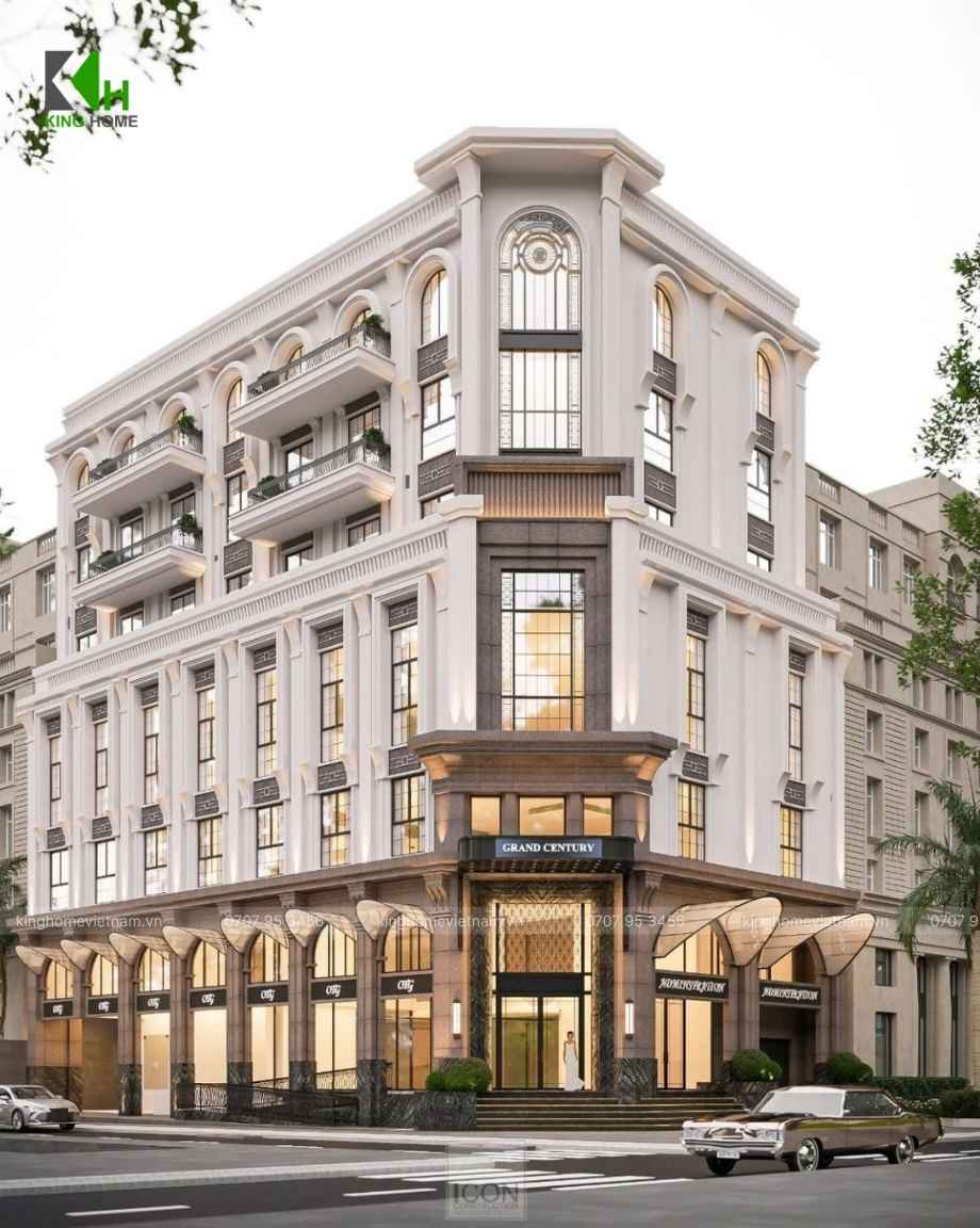 Mẫu khách sạn Nhơn Lý do King Home thiết kế nổi bật với mặt tiền sang trọng.