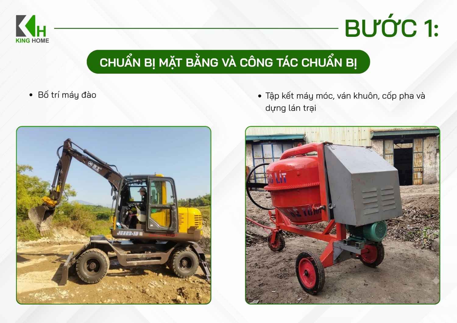 Tiếp theo, các máy móc, thiết bị cần thiết như máy đào, ván khuôn, cốp pha, lán trại... được tập kết và bố trí hợp lý trên mặt bằng.