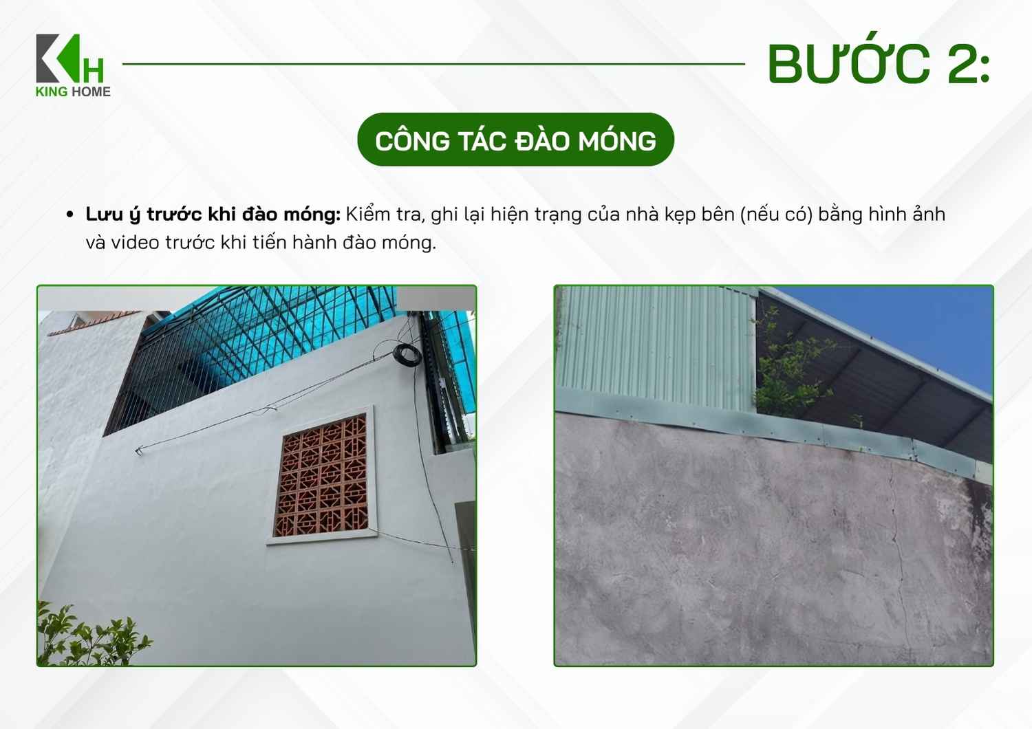 Đối với công trình xây chen, cần kiểm tra và ghi nhận hiện trạng nhà liền kề bằng hình ảnh, video trước khi bắt đầu đào móng.