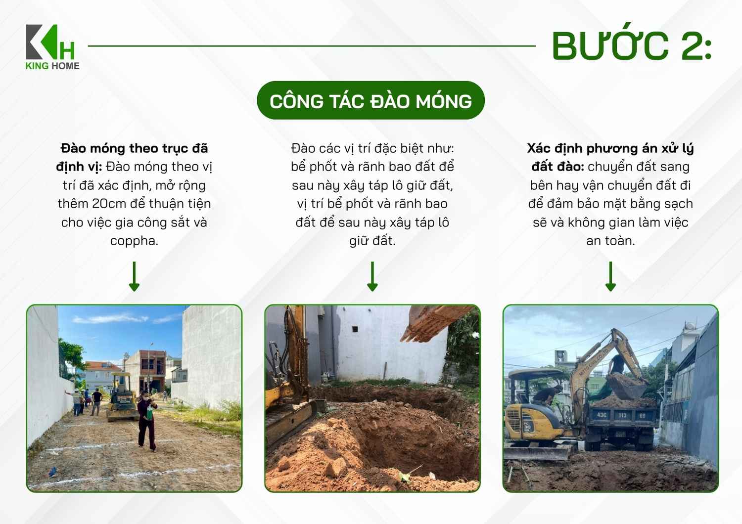 Đào móng, bể phốt và rãnh bao đất đúng thiết kế, đồng thời xử lý đất đào phù hợp.
