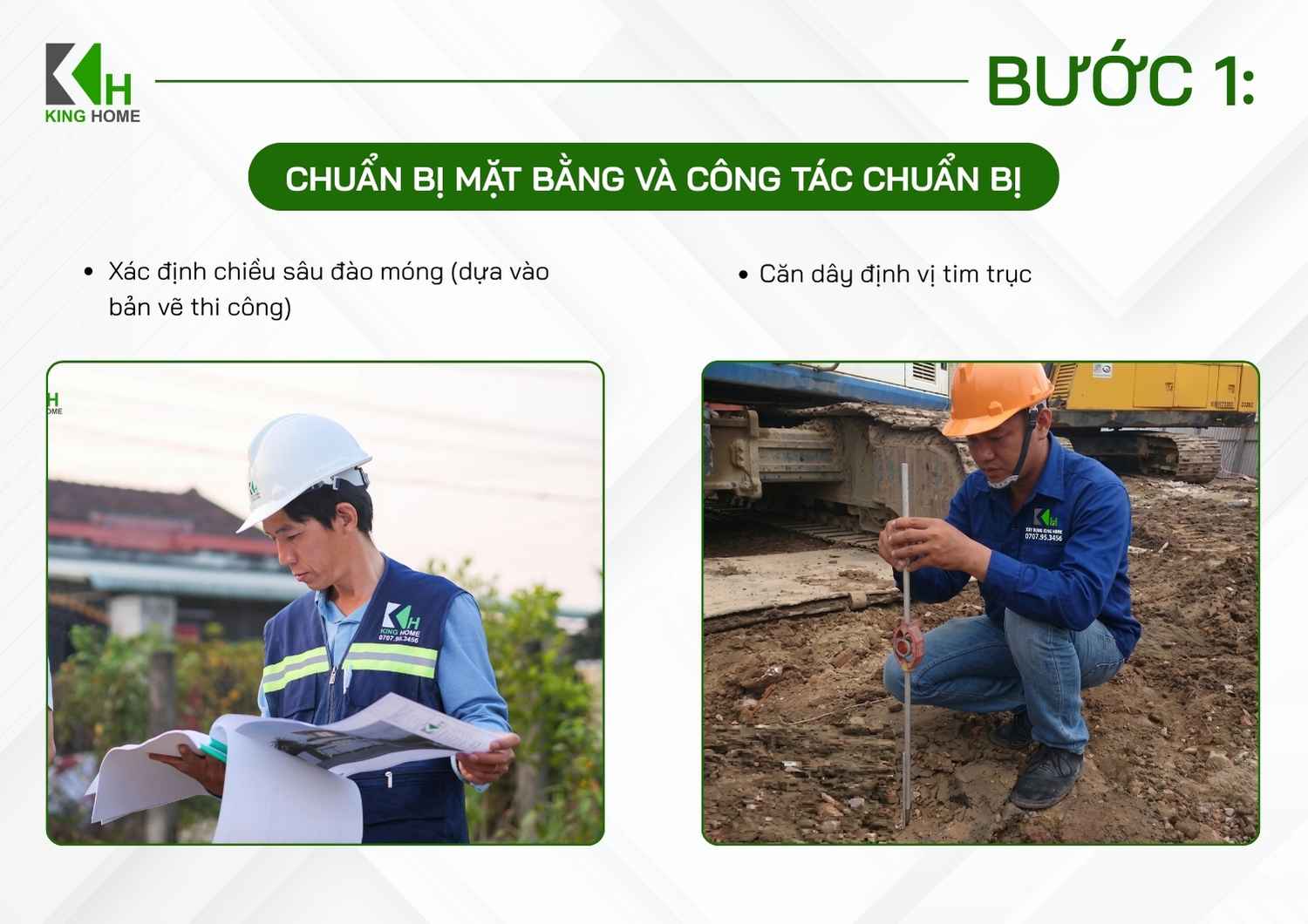 Trước khi đào móng, kỹ sư tiến hành xác định chiều sâu đào và căng dây định vị tim, trục theo đúng bản vẽ thi công