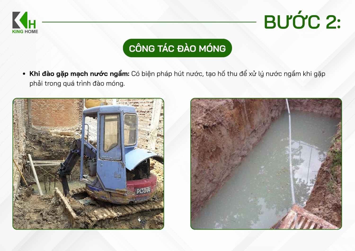 Nếu xuất hiện nước ngầm trong quá trình đào móng, cần bố trí hố thu, máy bơm và biện pháp thoát nước phù hợp để đảm bảo điều kiện thi công