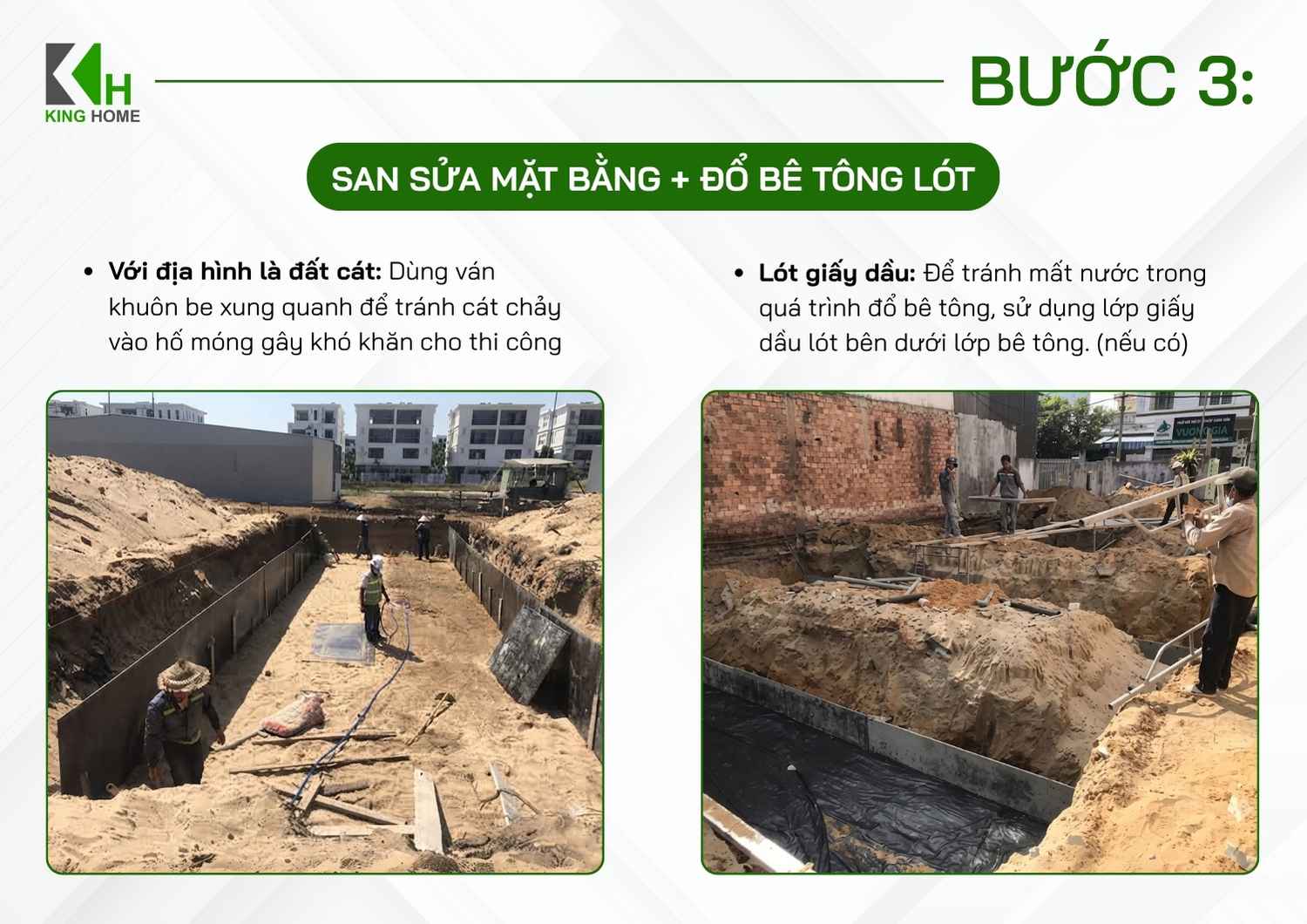 Che chắn hố móng đất cát và lót giấy dầu để hạn chế cát chảy, mất nước bê tông.