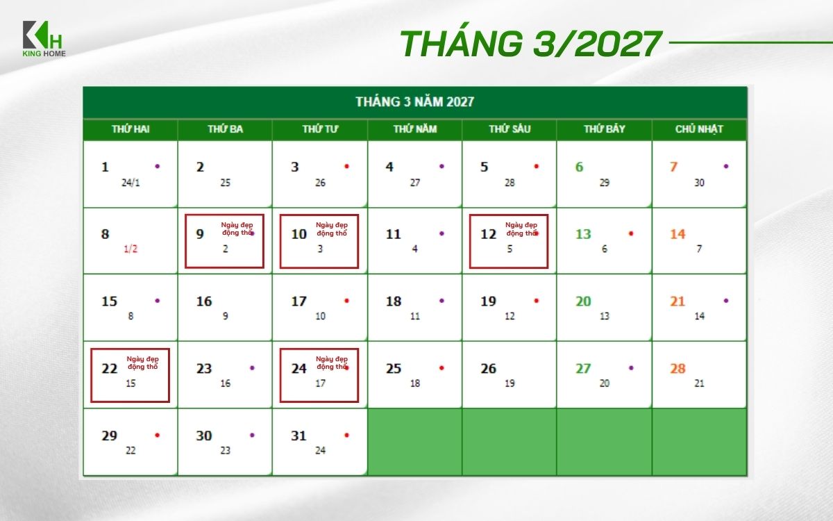 Gợi ý 5 ngày tốt động thổ tháng 3 năm 2027 không phạm ngày đại kỵ