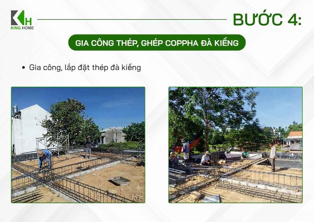 Tiến hành gia công và lắp đặt cốt thép đà kiềng đúng theo bản vẽ kết cấu.