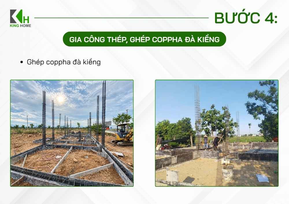 Cuối cùng, tiến hành ghép cốp pha đà kiềng, đảm bảo đúng kích thước, cao độ và độ ổn định