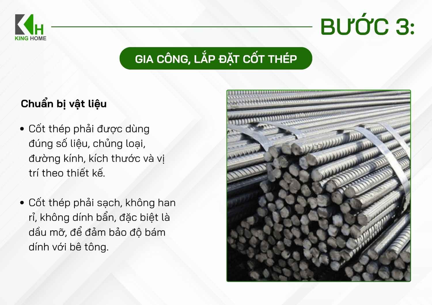 Kiểm tra thép trước khi đưa vào gia công, đảm bảo đúng chủng loại, đường kính và kích thước theo thiết kế.