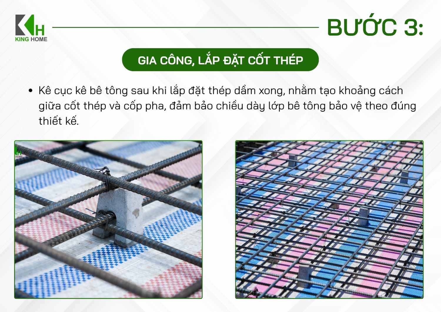 Cục kê được bố trí đều dưới lớp thép sàn nhằm giữ đúng cao độ cốt thép, đảm bảo chiều dày lớp bê tông bảo vệ và hạn chế thép bị xê dịch trong quá trình đổ bê tông