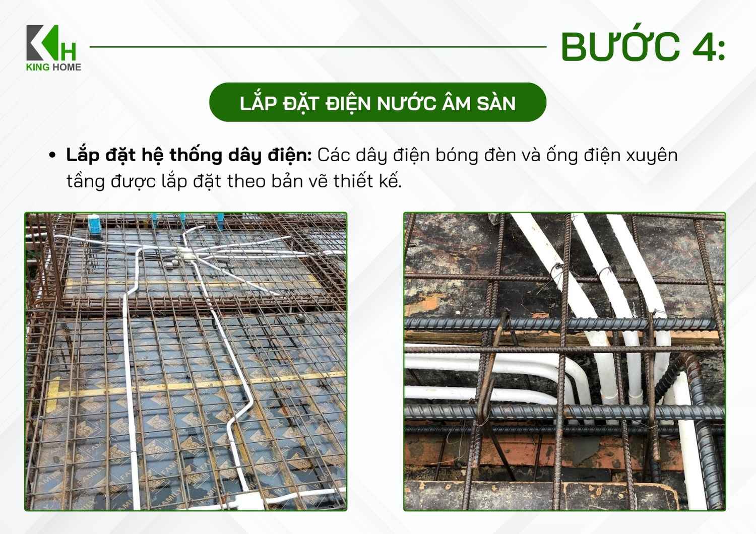 Sau khi hoàn thiện hệ thống điện nước âm sàn, cần kiểm tra lại toàn bộ đường ống, hộp kỹ thuật, lỗ chờ và các vị trí xuyên sàn để đảm bảo đúng thiết kế trước khi nghiệm thu