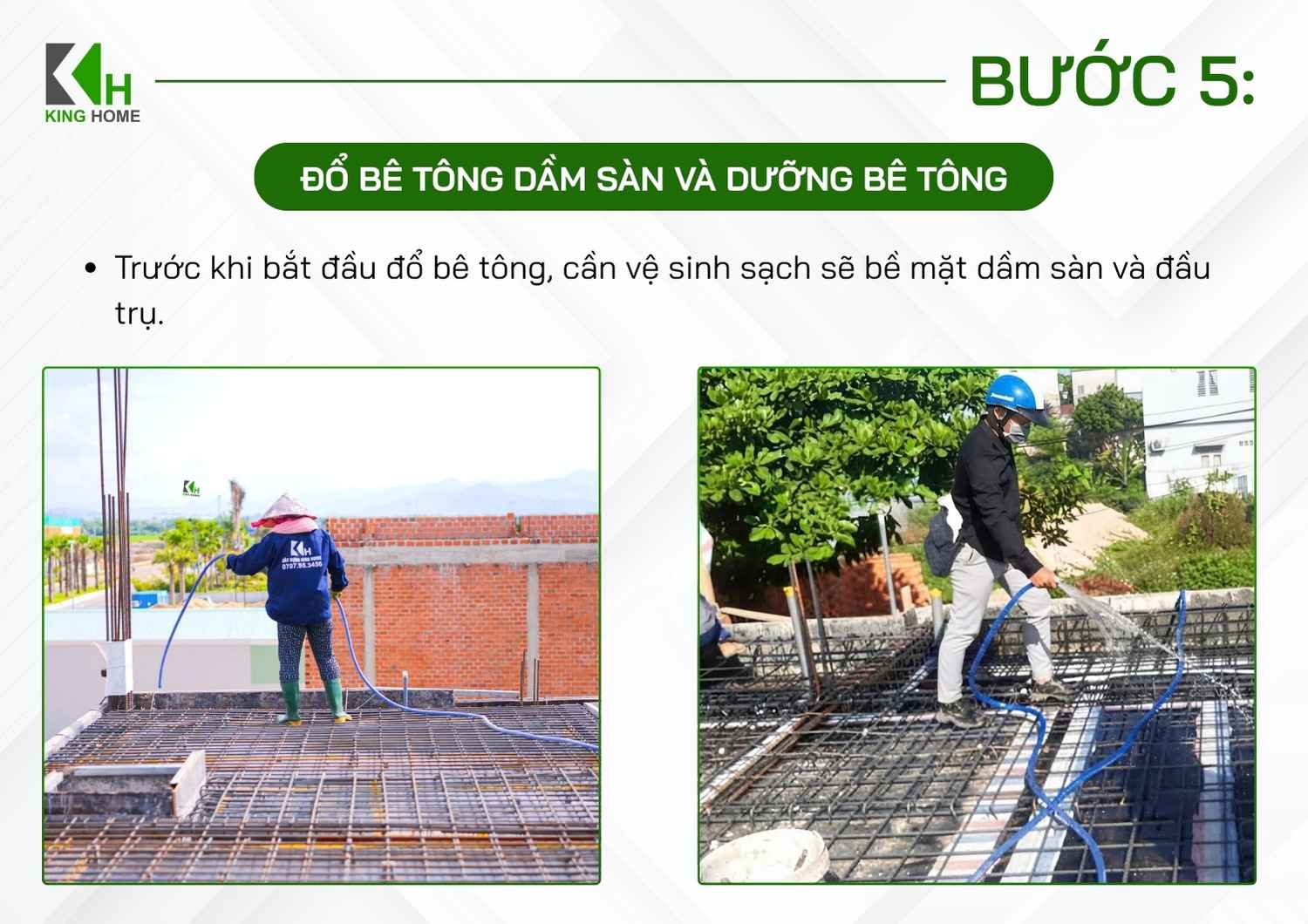 Vệ sinh sạch bề mặt cốp pha, dầm sàn và khu vực đầu cột, đồng thời kiểm tra lại cốt thép, cục kê, M&E, cao độ sàn và hệ thống chống đỡ.
