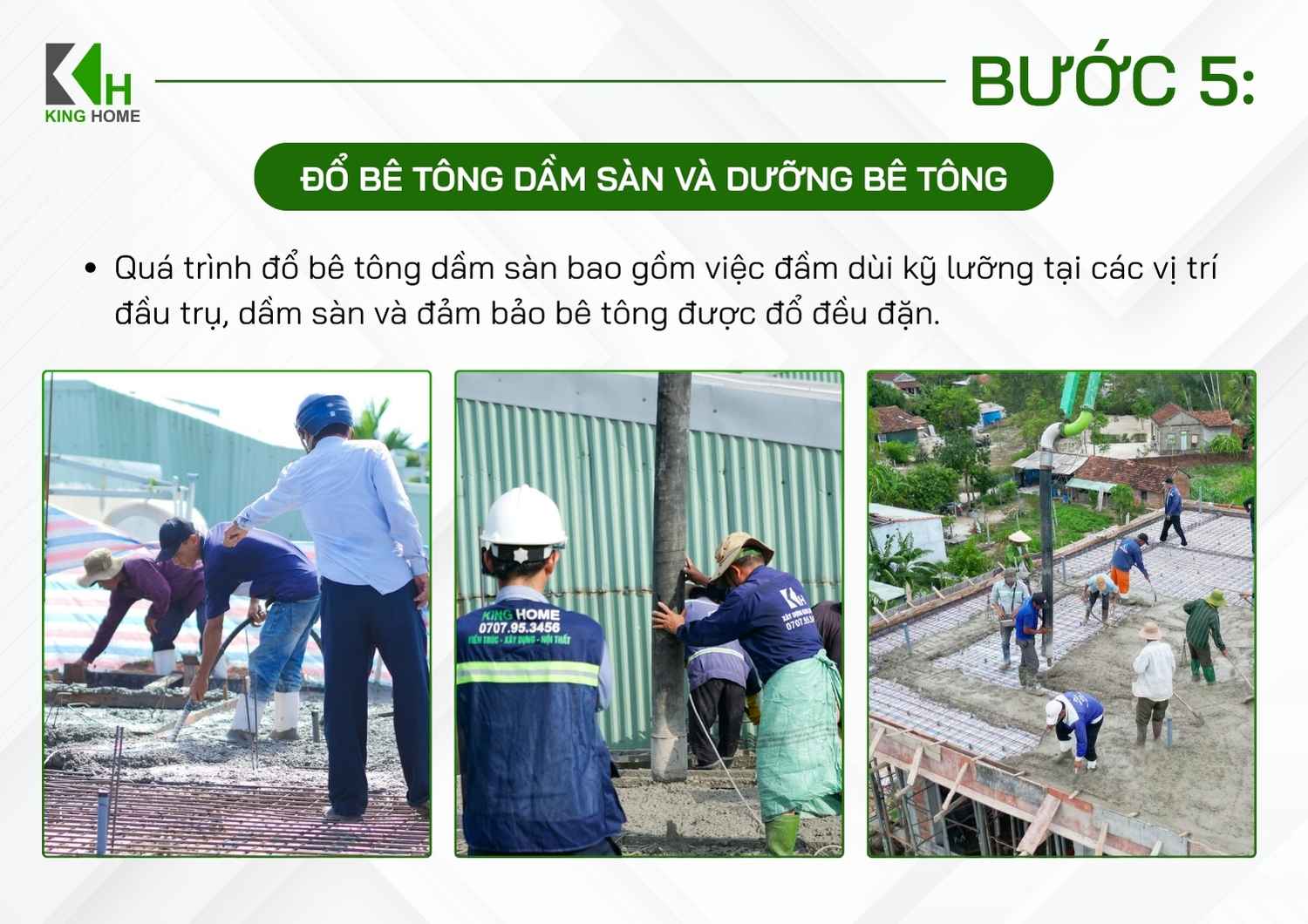 Bê tông được đưa vào dầm sàn theo trình tự phù hợp, đảm bảo phân bố đều và hạn chế tình trạng dồn tải cục bộ.