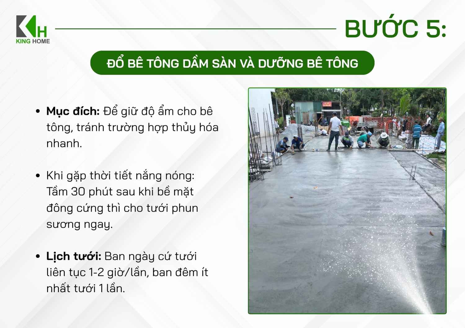 Sau khi bê tông bắt đầu đông cứng, cần tiến hành bảo dưỡng để hạn chế mất nước quá nhanh, giúp bê tông phát triển cường độ và giảm nguy cơ nứt bề mặt.