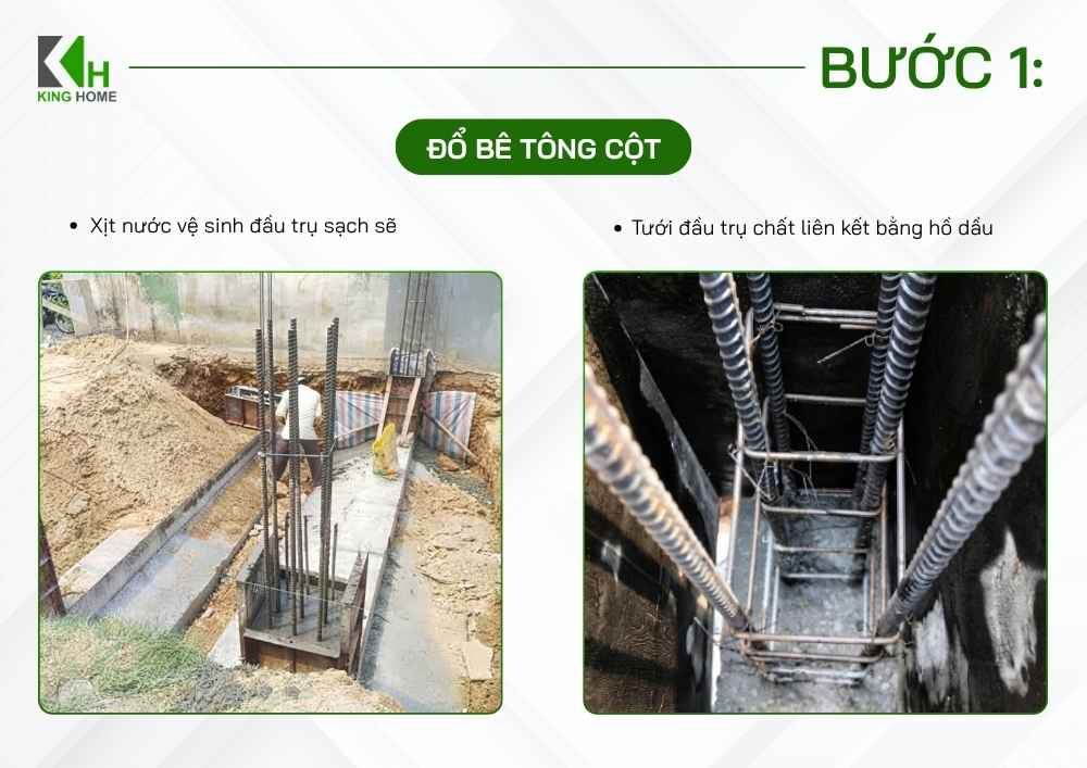 Vệ sinh sạch phần đầu cột, sau đó tưới ẩm và sử dụng vật liệu liên kết phù hợp trước khi đổ bê tông